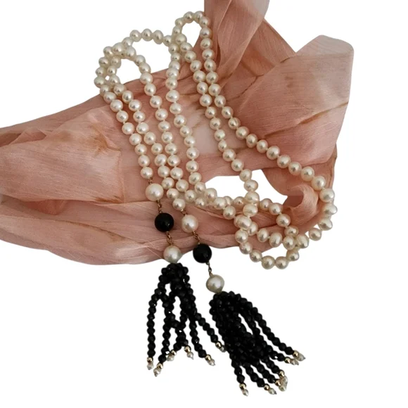 Lariat pearl necklace petite pearls high luster 18k GP hand knottedA0123 -1Q